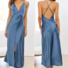 Spaghetti Strap V-neck Satin Slit Maxi Dress