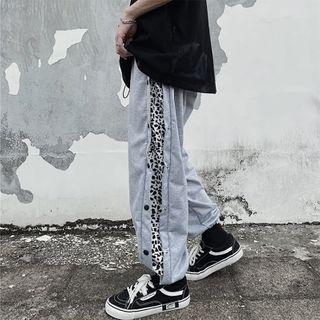 Leopard Print Panel Button-side Drawstring-cuff Pants