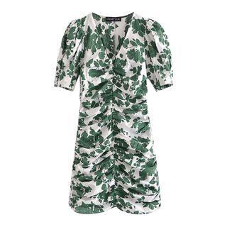 Puff-sleeve Floral Print Ruched A-line Dress