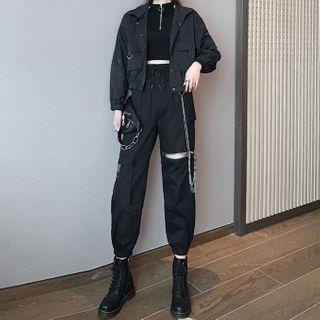 Halter-neck Crop Top / Button-up Jacket / Harem Pants / Set