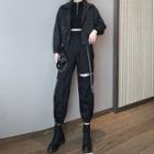 Halter-neck Crop Top / Button-up Jacket / Harem Pants / Set