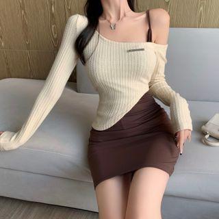 Spaghetti Strap One-shoulder Mini Bodycon Dress / Asymmetrical Knit Crop Top