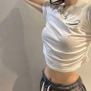 Short-sleeve Lettering Shirred T-shirt Ivory White - One Size