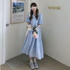 Elbow-sleeve Crew Neck Midi A-line Dress Light Blue - One Size