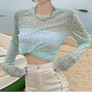 Letter Print Sheer Long-sleeve T-shirt