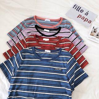 Lettering Embroidered Color-block Short-sleeve Top
