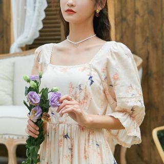 Floral Elbow-sleeve Square-neck Midi A-line Dress