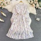 Long Sleeve Floral Print Crinkled A-line Dress