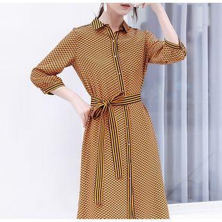 3/4-sleeve Striped Trim Patterned A-line Shirt Dress
