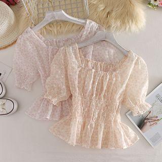 Embroider Floral Puff-sleeved Chiffon Top