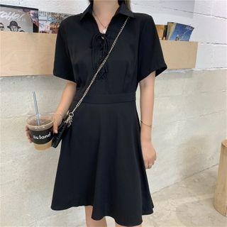 Short-sleeve Plain Shirtdress Black - One Size