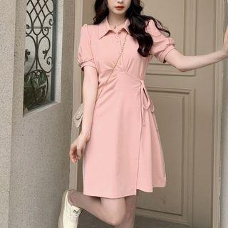 Puff-sleeve Drawstring A-line Polo Dress