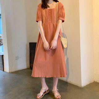 Short-sleeve Square Neck A-line Dress Pink - One Size