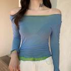 Long-sleeve Reversible Frill Trim Mesh T-shirt Reversible - Blue & Green - One Size