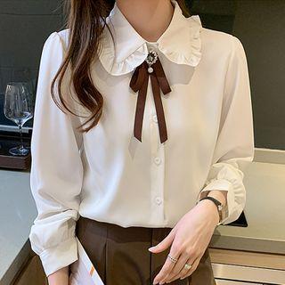 Long-sleeve Embellished Frill Trim Chiffon Blouse