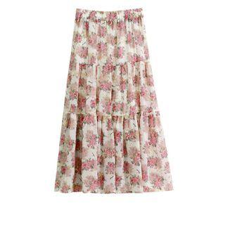 Floral Print Midi A-line Skirt White - 40 To 60kg