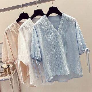 Crochet Trim V-neck Elbow Sleeve Chiffon Blouse
