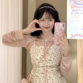 Long-sleeve Lace Up Crop Top Pink - One Size