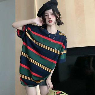 Short-sleeve Striped T-shirt Stripe - Dark Green & Dark Blue - One Size