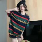Short-sleeve Striped T-shirt Stripe - Dark Green & Dark Blue - One Size