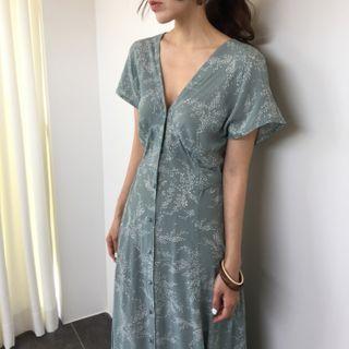 Short-sleeve Floral Printed Tie-waist Dress Grayish Green - One Size