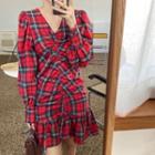 Drawstring-front Long-sleeve Plaid Mini Sheath Dress Plaid - Red - One Size