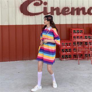3/4-sleeve Striped Mini Polo Dress T-shirt - Stripes - Multicolour - One Size