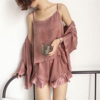 Loungewear Set: Camisole Top + Ruffle Trim Pants + Open-front Jacket