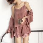 Loungewear Set: Camisole Top + Ruffle Trim Pants + Open-front Jacket