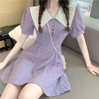 Short-sleeve Wide Collar Lace-up Mini A-line Dress