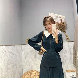 Contrast-collar Shirtwaist Long Dress