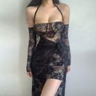 Long-sleeve Halter Off-shoulder Lace Mini Bodycon Dress