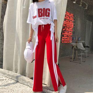 Short-sleeve Lettering T-shirt / Contrast Trim Wide-leg Pants