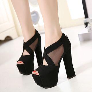 Mesh Insert Chunky Heel Platform Pumps