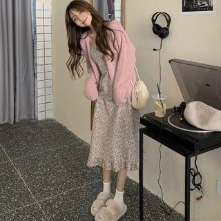 Set: Frill-hem Floral Spaghetti Strap A-line Dress + Plain Cardigan