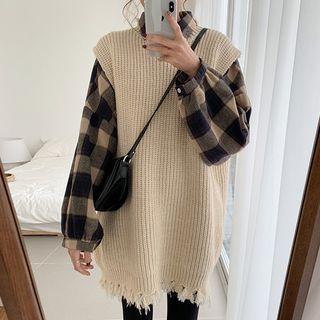 Long-sleeve Plaid Shirt / Ripped Knit Vest