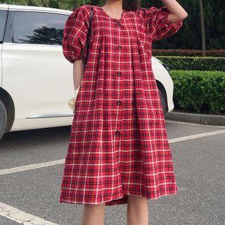 Puff-sleeve Plaid Midi Shift Dress Red - One Size