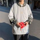 Long-sleeve Lettering Plaid Mock Two Piece Hoodie