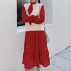 Set: Ruffle Hem Dotted Midi Dress + Sleeveless Knit Top
