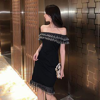 Off-shoulder Ruffled Short-sleeve Mini Sheath Dress
