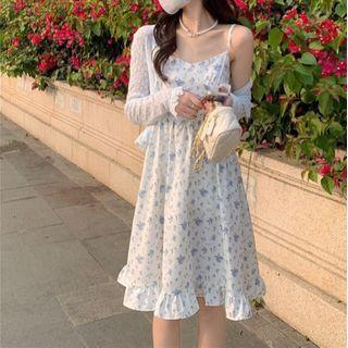 Lace Lightweight Cardigan / Spaghetti Strap Floral A-line Dress