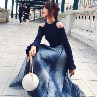 Set: Cold Shoulder Knit Top + Midi Pleated Skirt