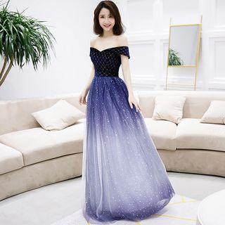 Off-shoulder V-neck Sequined Gradient Evening Gown