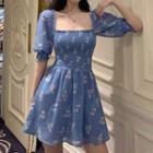 Puff-sleeve Floral Ruffled Dress As Shown In Figure - One Size