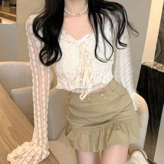 Bell-sleeve Tie-front Jacket Almond - One Size