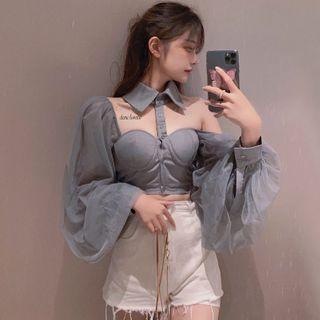 Cut-out Lantern-sleeve Mesh Panel Blouse