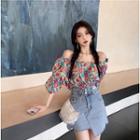 Off Shoulder Floral Blouse / High-waist Washed Denim Mini Skirt