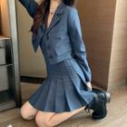Plain Blazer / Spaghetti-strap Pleated Mini A-line Dress