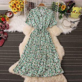 Elbow-sleeve Floral Accordion Pleat Midi A-line Dress