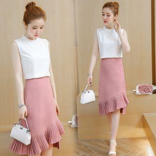 Set: Sleeveless Top + Ruffle Chiffon Midi Skirt
